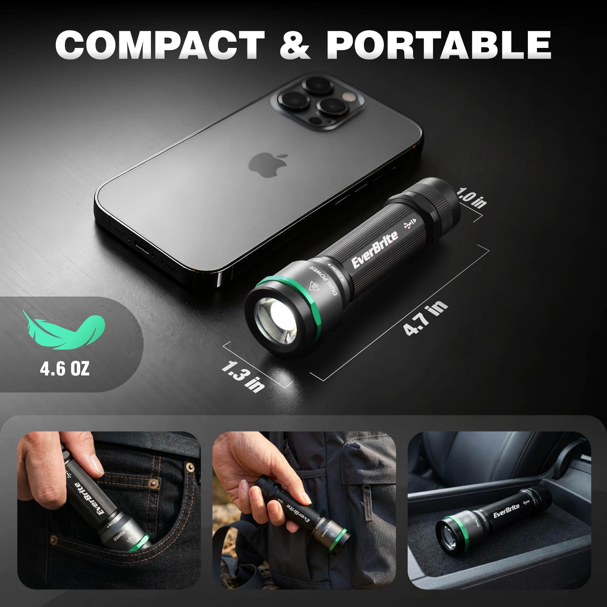 EverBrite 1000LM Small Flashlight, 5 Modes Zoomable Dual Power Flashlight, Mini Flashlights High Lumens, Rechargeable or AA Battery, Pocket Flashlight for Home, Emergency, Hiking, Camping - Image 3