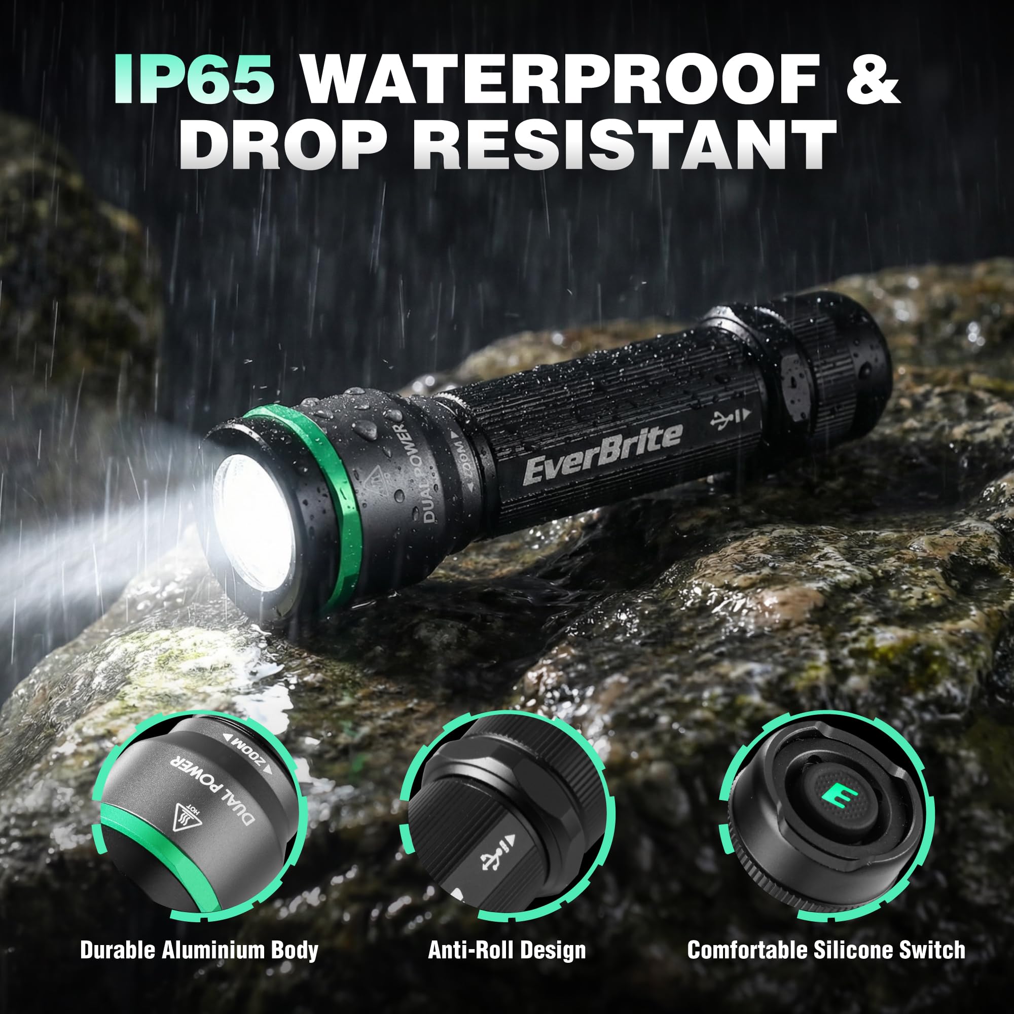 EverBrite 1000LM Small Flashlight, 5 Modes Zoomable Dual Power Flashlight, Mini Flashlights High Lumens, Rechargeable or AA Battery, Pocket Flashlight for Home, Emergency, Hiking, Camping - Image 5