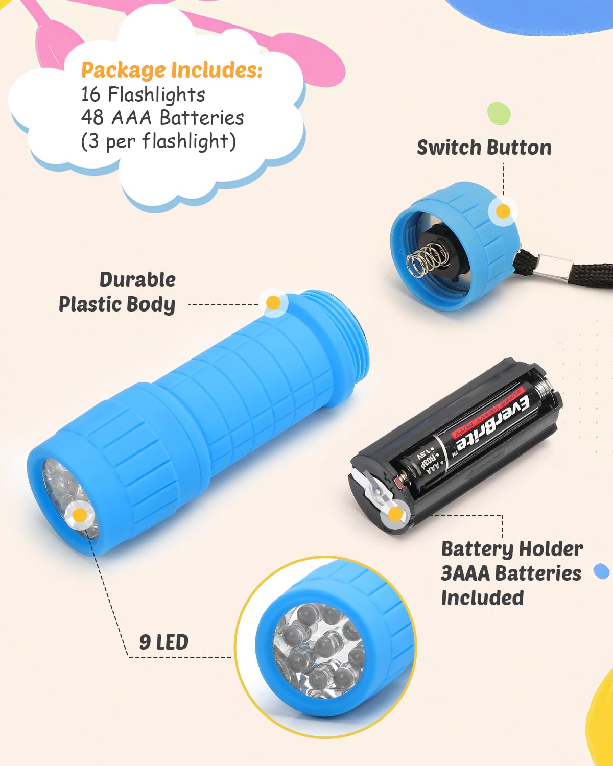 EverBrite 16-Pack Mini LED Flashlight Set, Small Flash Lights Assorted 4 Colors, 48 AAA Batteries Included, for Emergency, Camping, Hiking, Outdoor Activities, Bulk Holiday Gifts - Image 4