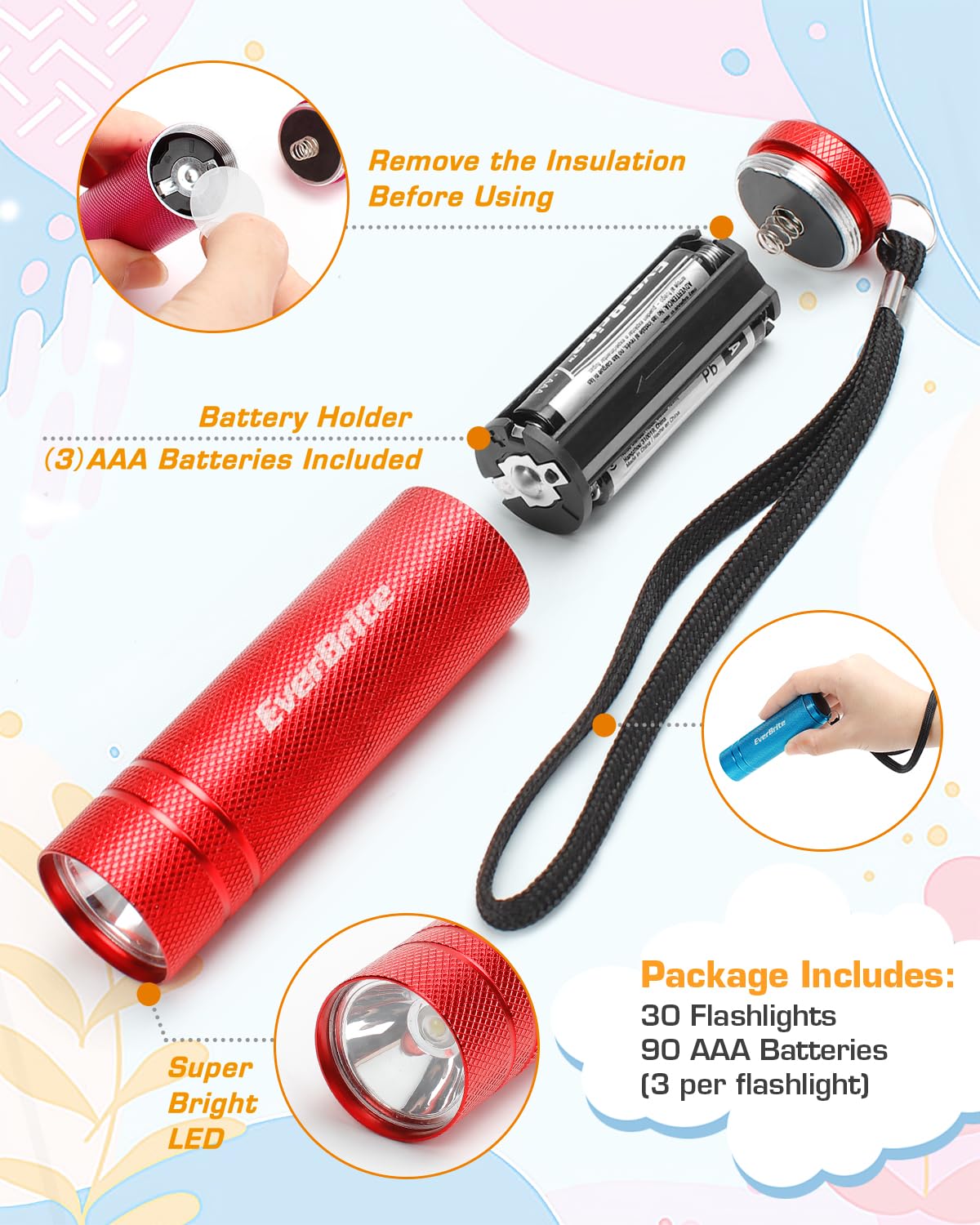 EverBrite 30-Pack Mini Flashlight Set, Aluminum LED Handheld Torches with Lanyard, Assorted Colors, 90xAAA Batteries Included for Emergency, Night Reading, Camping, Power Outage, Bulk Holiday Gifts - Image 6