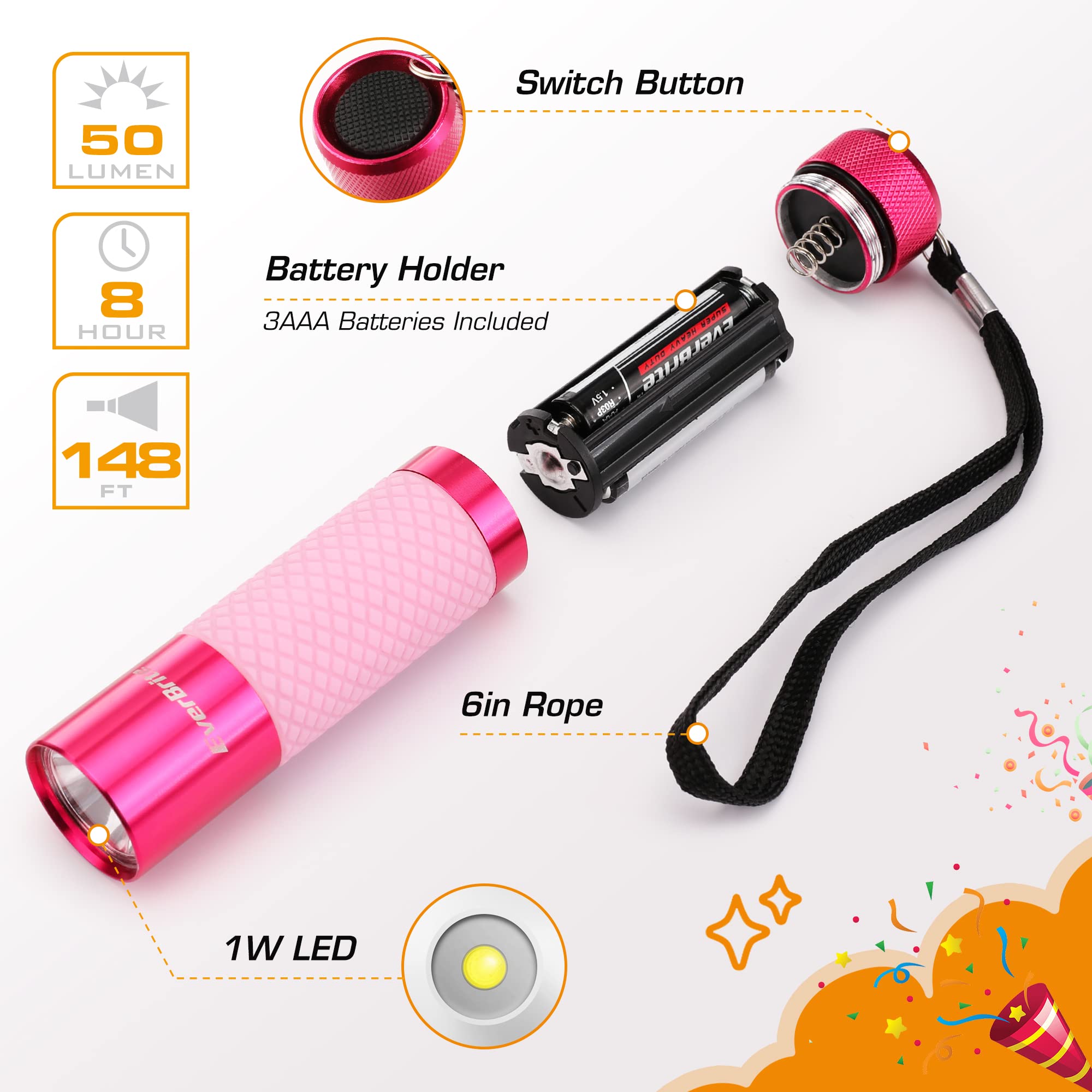 EverBrite 6-Pack Mini Flashlights, Glow in Dark Flashlights, Aluminum LED Flashlights Party Favors Assorted Colors for Camping, Hiking, Indoor, 18XAAA Batteries Included - Image 4