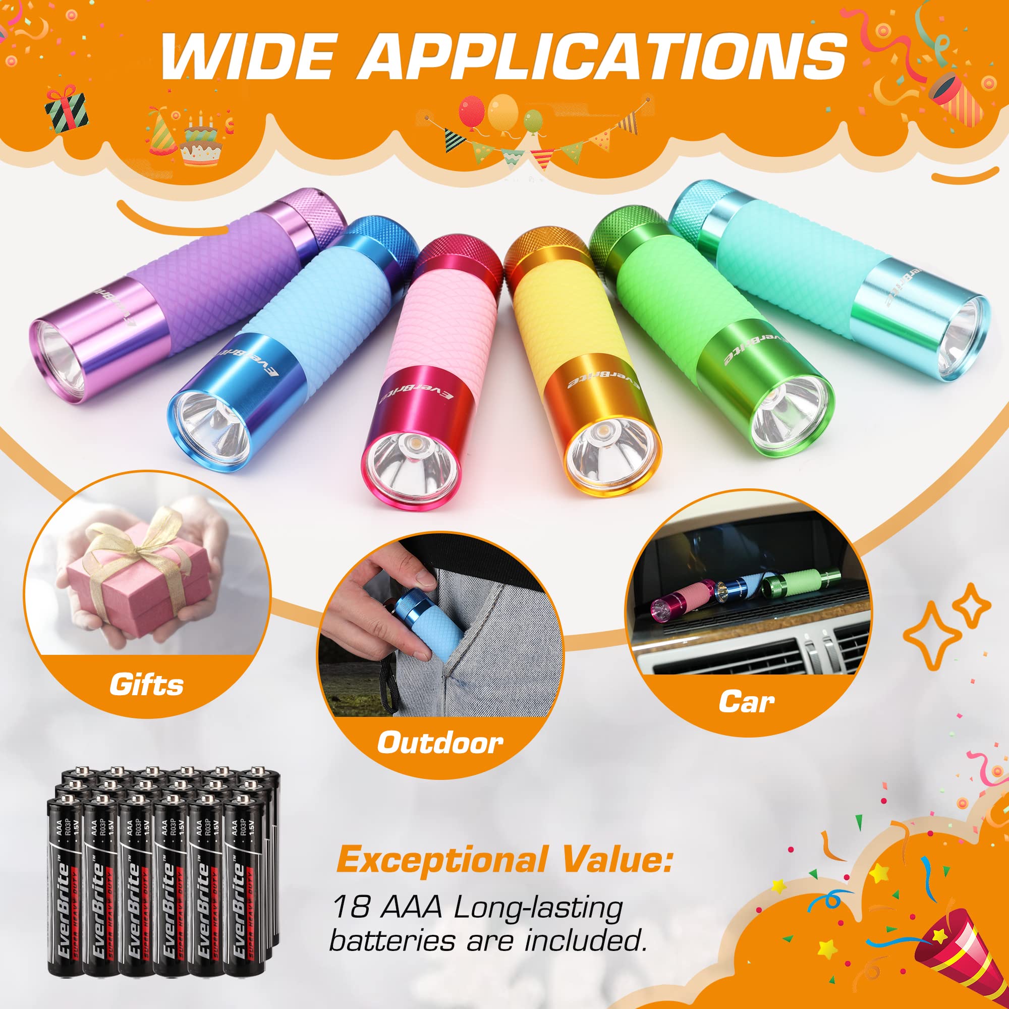 EverBrite 6-Pack Mini Flashlights, Glow in Dark Flashlights, Aluminum LED Flashlights Party Favors Assorted Colors for Camping, Hiking, Indoor, 18XAAA Batteries Included - Image 5