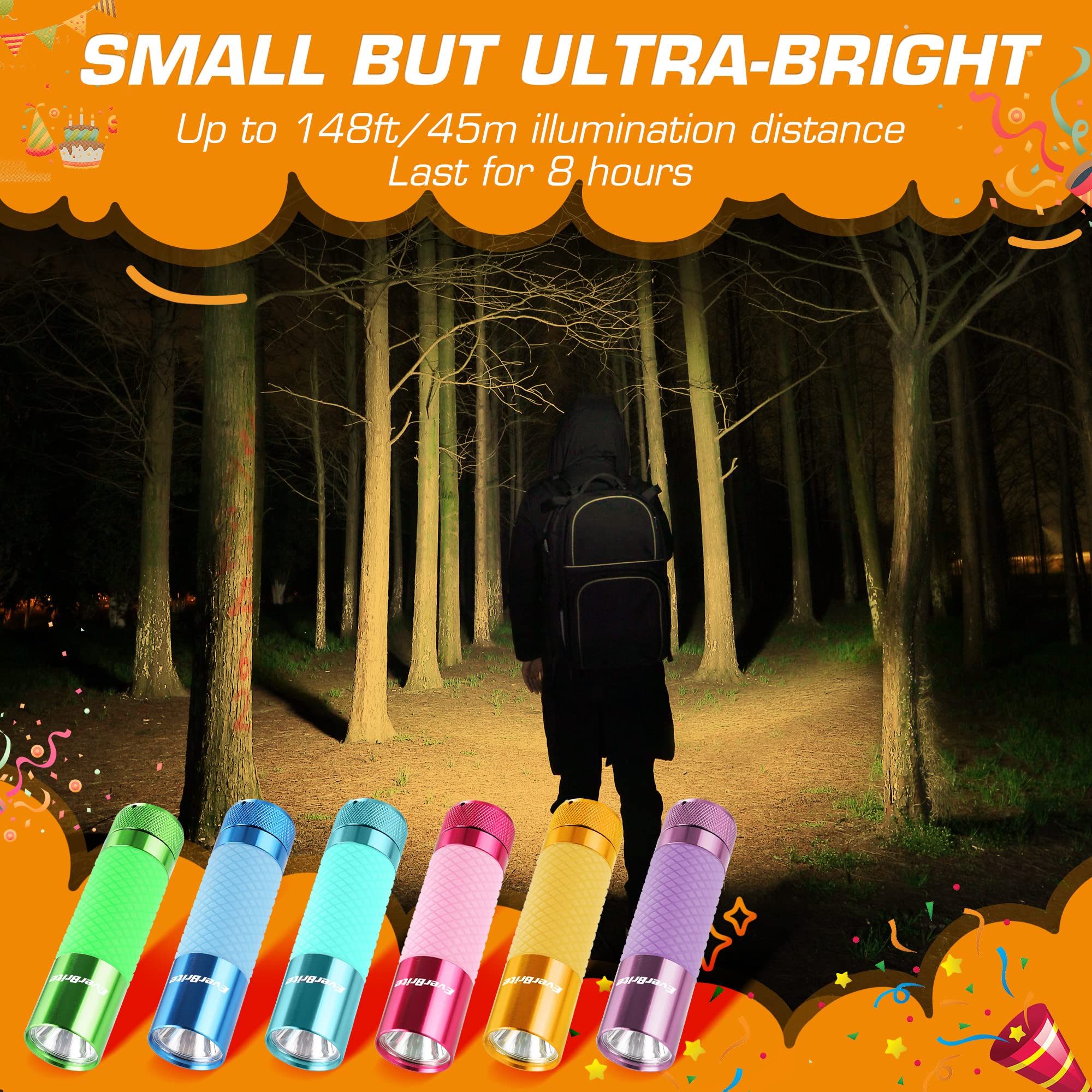 EverBrite 6-Pack Mini Flashlights, Glow in Dark Flashlights, Aluminum LED Flashlights Party Favors Assorted Colors for Camping, Hiking, Indoor, 18XAAA Batteries Included - Image 7