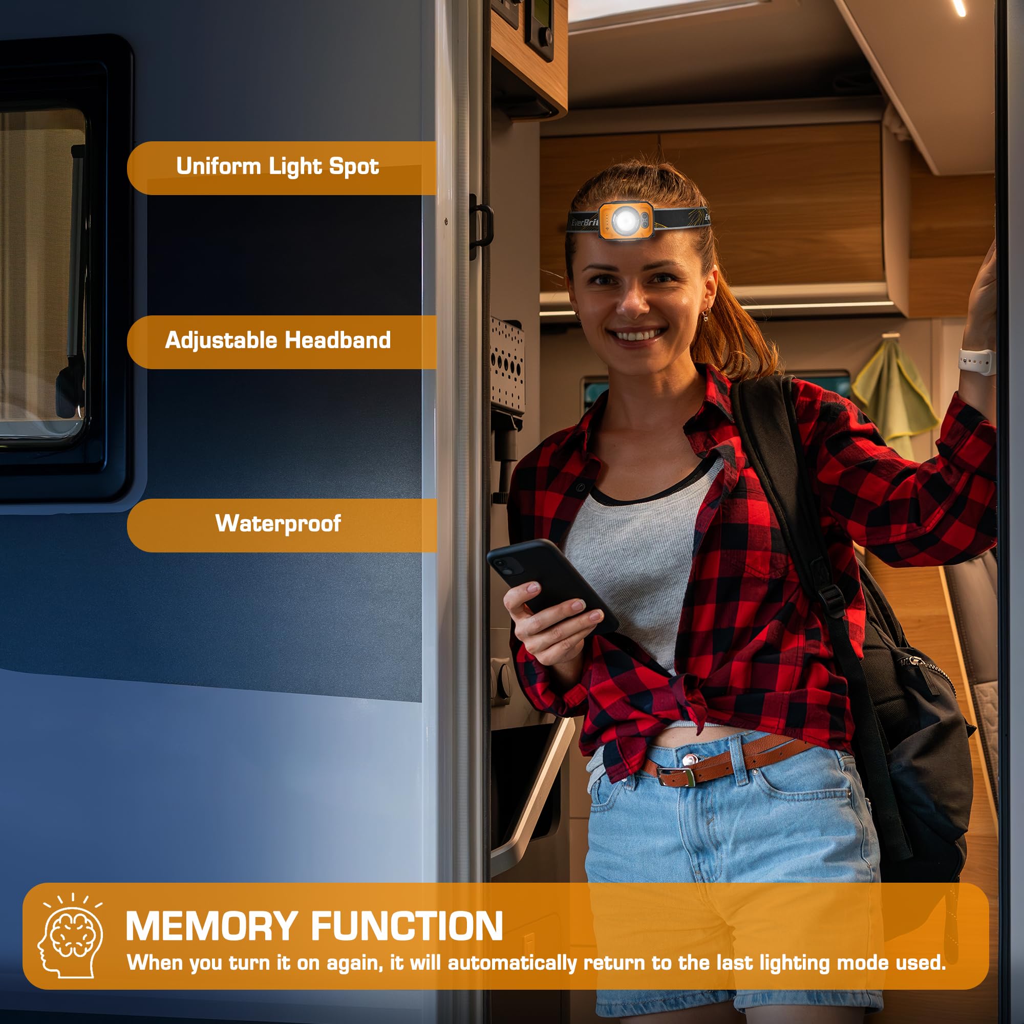 EverBrite 600 Lumen Headlamp, Rechargeable Headlight with 4 Modes, Super Bright Head Lamp with Spotlight & Floodlight, Motion Sensor, Memory Function for Camping, Hiking-Orange - Image 6