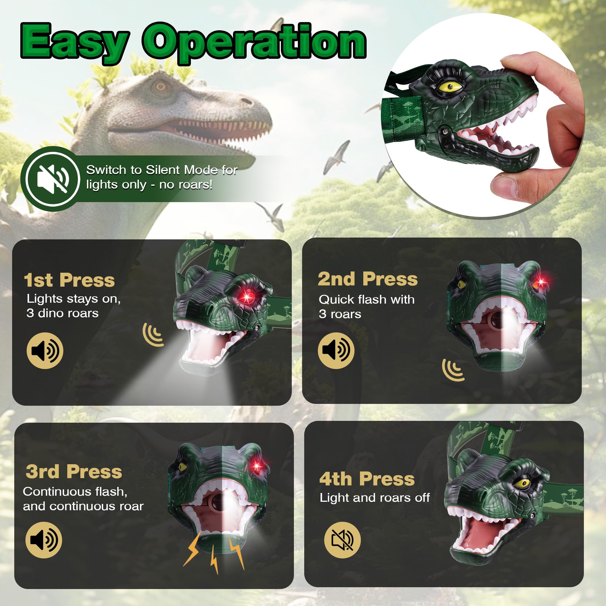 EverBrite Kids Dinosaur LED Headlamp, T-Rex Headlamp with Roar & Silent Mode, Batteries Included, Fun Hands-Free Head Light for Boys & Girls, Great Gift for Birthday, Camping, Hiking, Outdoor Play - Image 4