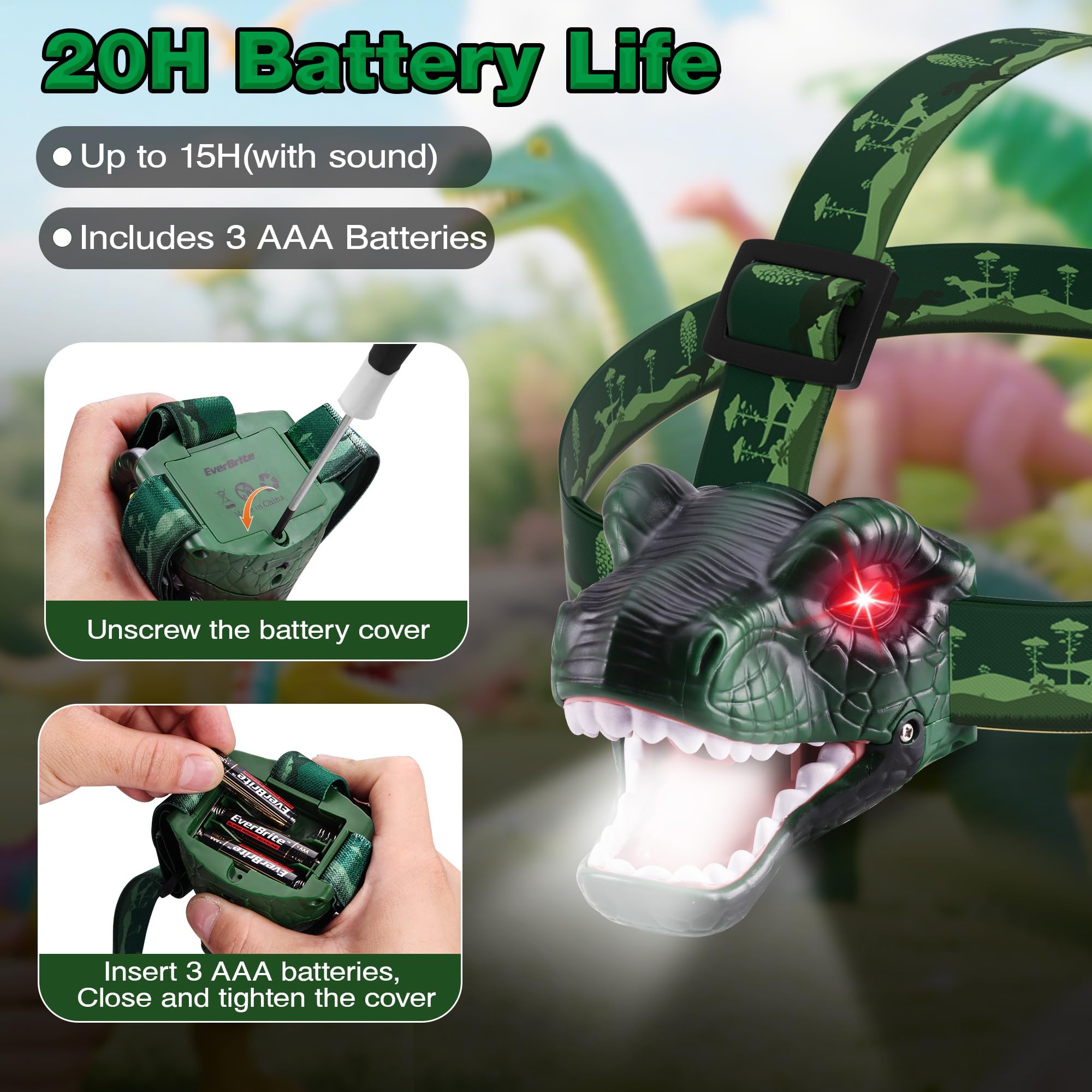 EverBrite Kids Dinosaur LED Headlamp, T-Rex Headlamp with Roar & Silent Mode, Batteries Included, Fun Hands-Free Head Light for Boys & Girls, Great Gift for Birthday, Camping, Hiking, Outdoor Play - Image 5