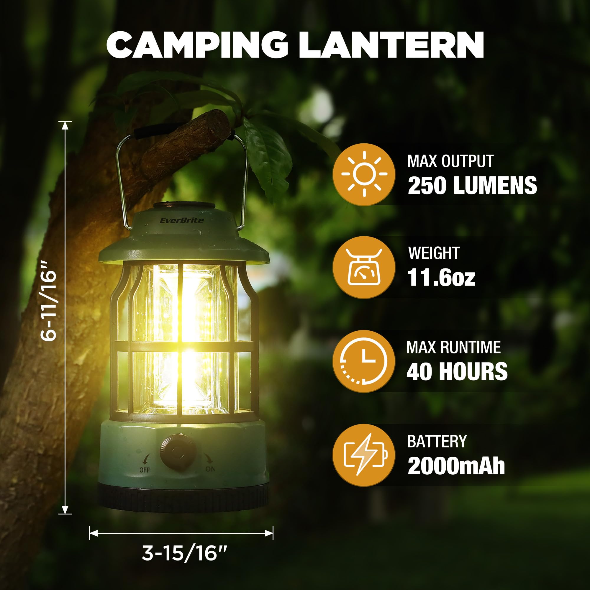 EverBrite LED Camping Lantern, USB C Rechargeable Lantern with Stepless Dimming, Vintage Portable Camping Lights & Lanterns, Lanterns for Power Outages, Hurricane, Emergency, Fishing, Home and More - Image 3