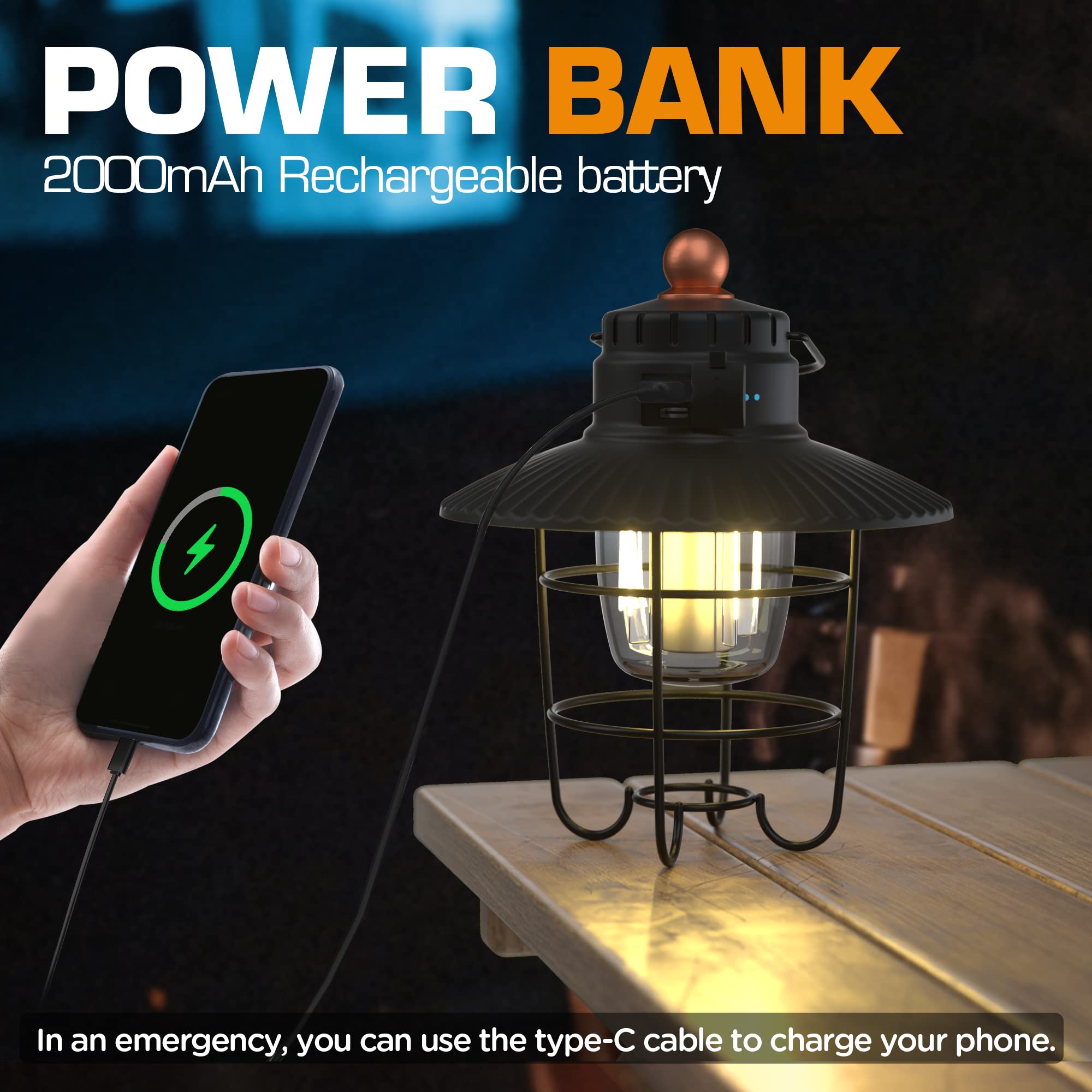 EverBrite LED Camping Lantern, USB C Rechargeable Lantern with 3 Light Modes, Vintage Outdoor Lanterns with Power Bank Function for Power Outages, Hurricane, Emergency, Fishing - Image 4