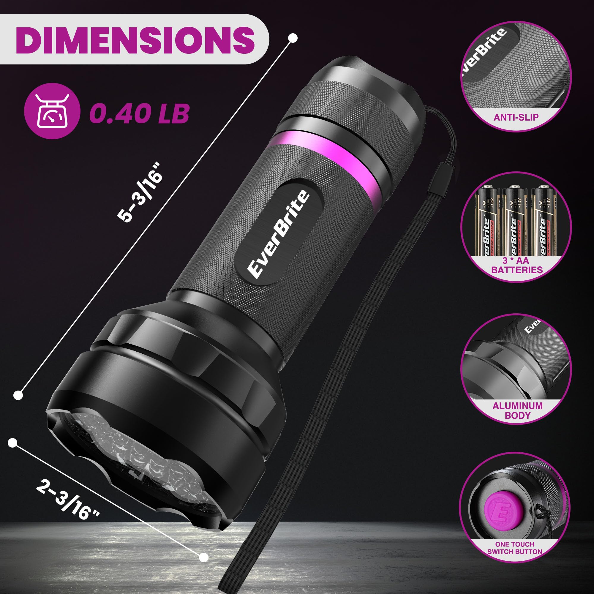 EverBrite LED Flashlight, Multifunctional Flashlight with UV and White Light, 395nm Black Light, 300 Lumens High Powered Flashlight for Camping, Emergencies, Pet Urine Stains, AA Batteries Included - Image 3