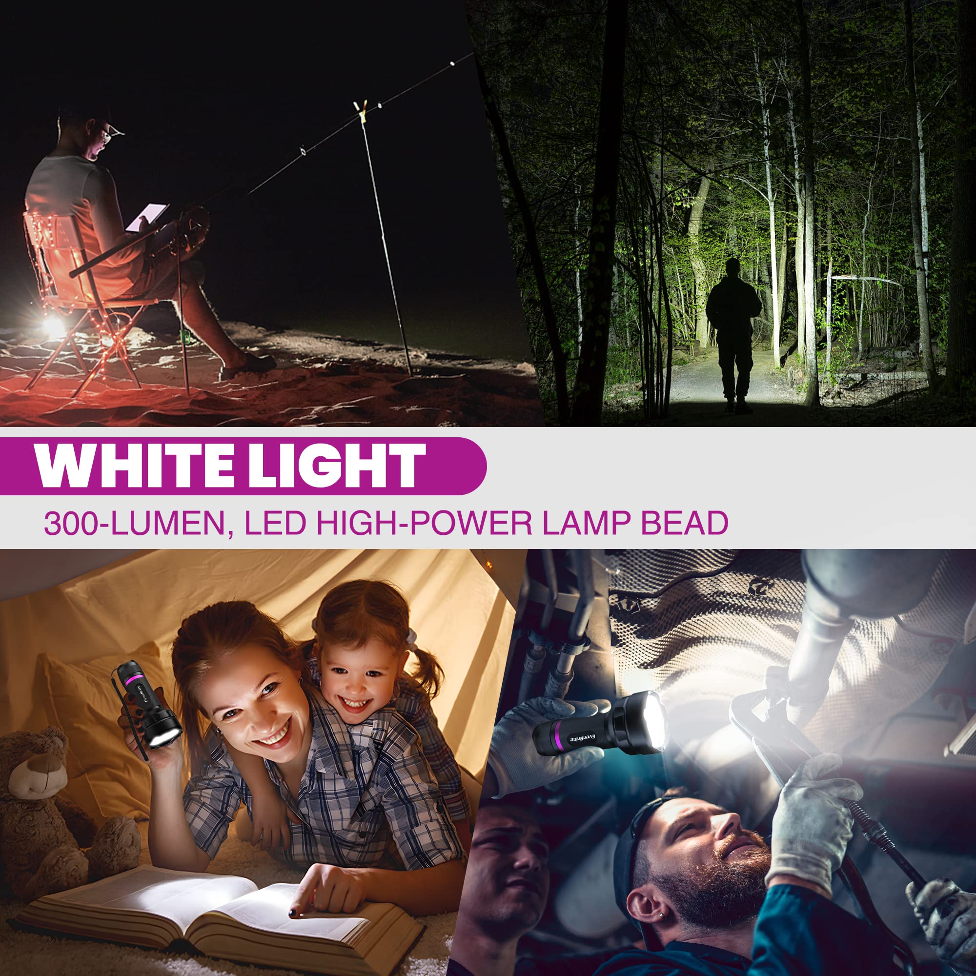 EverBrite LED Flashlight, Multifunctional Flashlight with UV and White Light, 395nm Black Light, 300 Lumens High Powered Flashlight for Camping, Emergencies, Pet Urine Stains, AA Batteries Included - Image 5