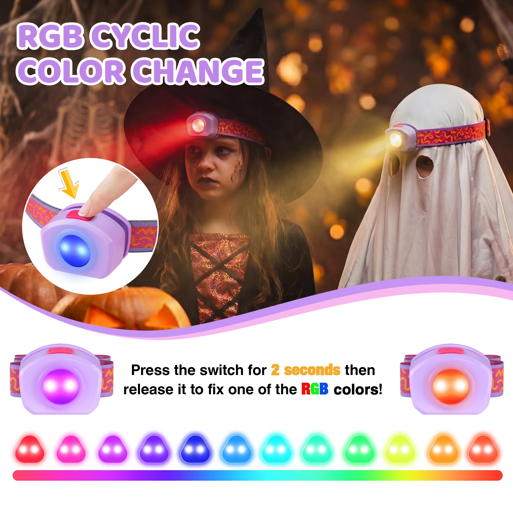 EverBrite LED Headlamp Rechargeable Kids Headlamp with RGB Mode and Adjustable Headband, 3 Modes Multicolor Headlamp for Camping, Reading, Exploring, Halloween, Christmas-2 Pack - Image 3