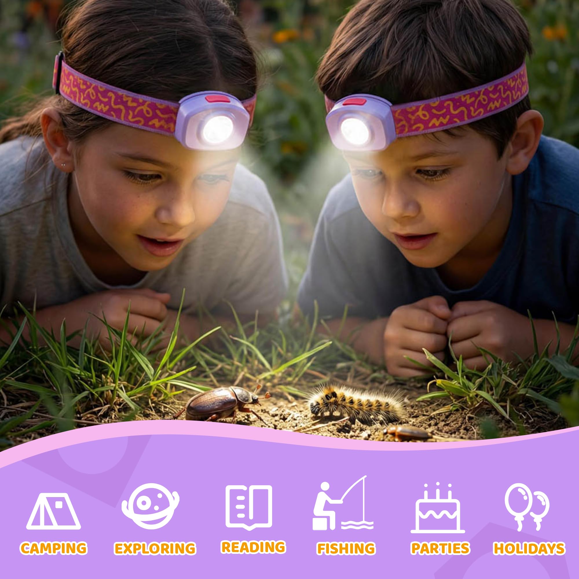 EverBrite LED Headlamp Rechargeable Kids Headlamp with RGB Mode and Adjustable Headband, 3 Modes Multicolor Headlamp for Camping, Reading, Exploring, Halloween, Christmas-2 Pack - Image 6