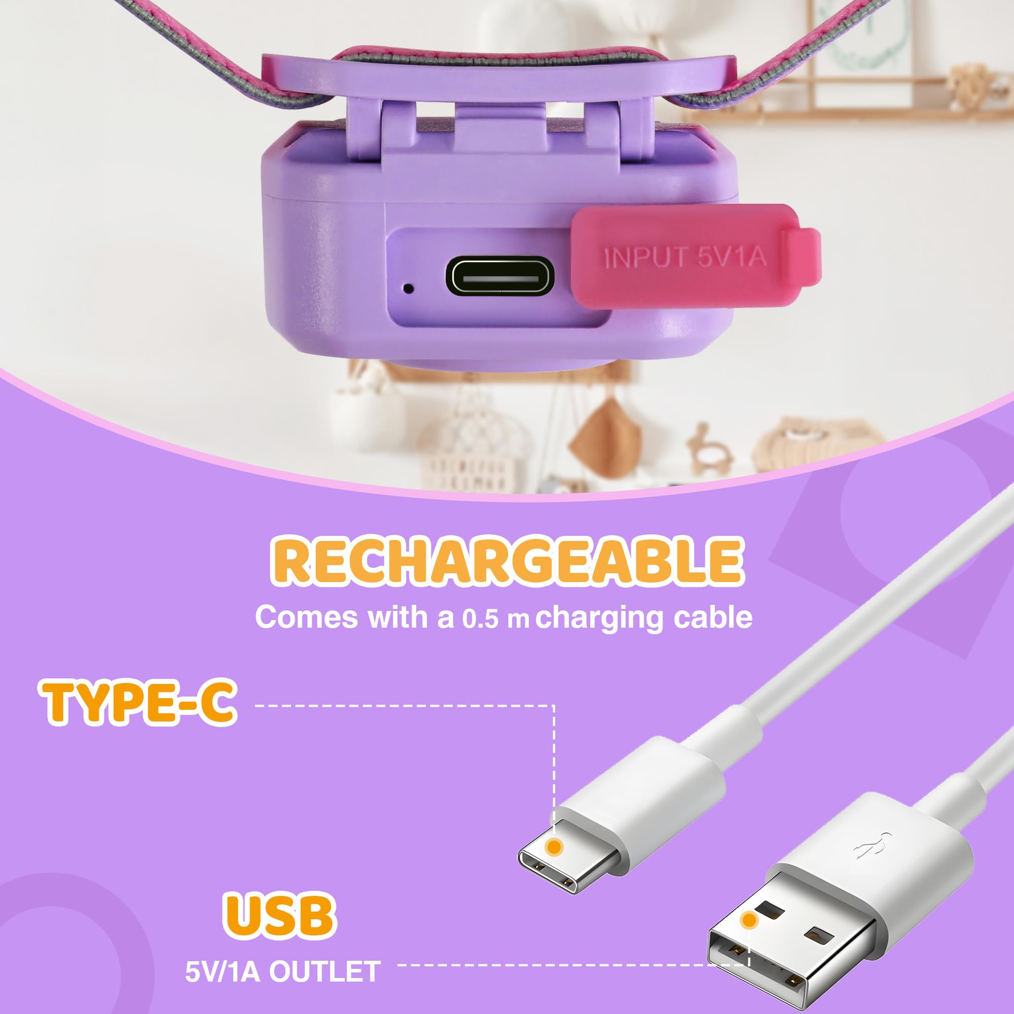 EverBrite LED Headlamp Rechargeable Kids Headlamp with RGB Mode and Adjustable Headband, 3 Modes Multicolor Headlamp for Camping, Reading, Exploring, Halloween, Christmas-2 Pack - Image 7