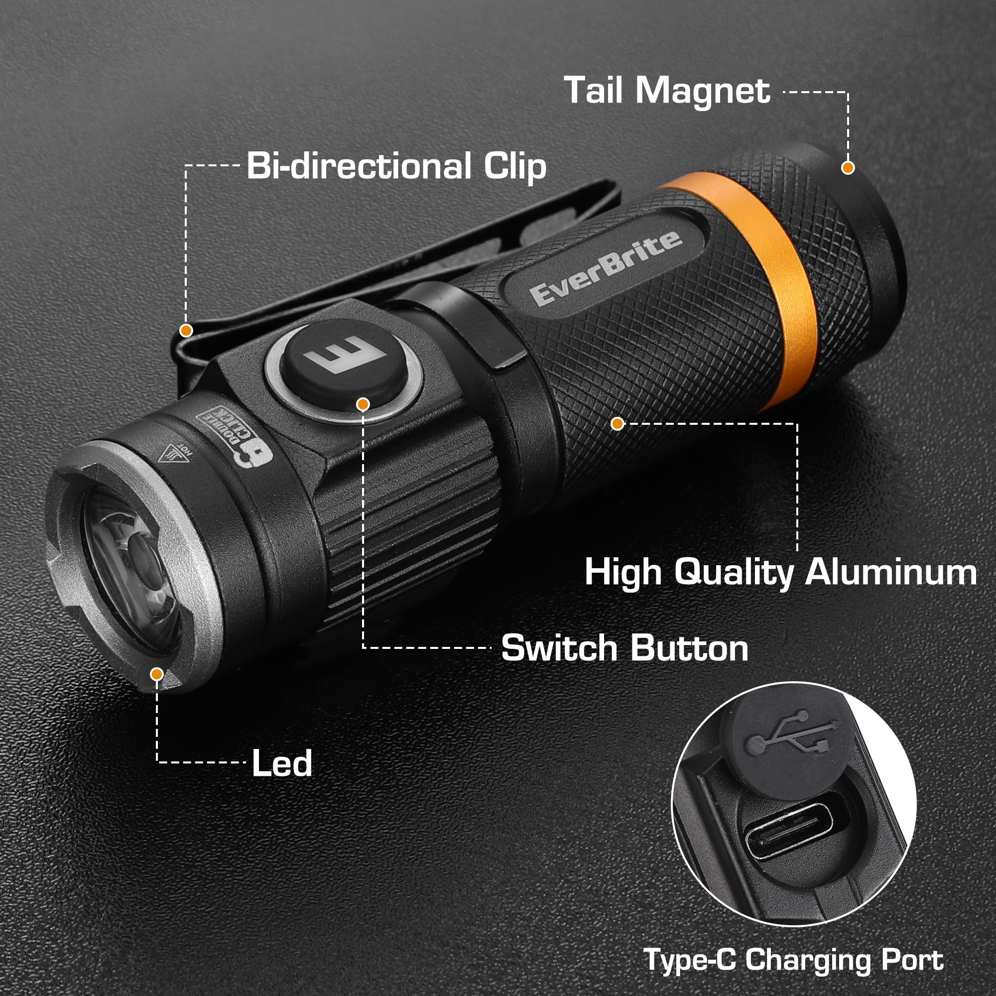 EverBrite Mini Flashlight, Rechargeable Flashlight with USB C Cable, 5 Light Modes Pocket Flashlight, 500 Lumens Magnetic Flashlight with Clip for Repair, Outdoors, Emergency - Image 3