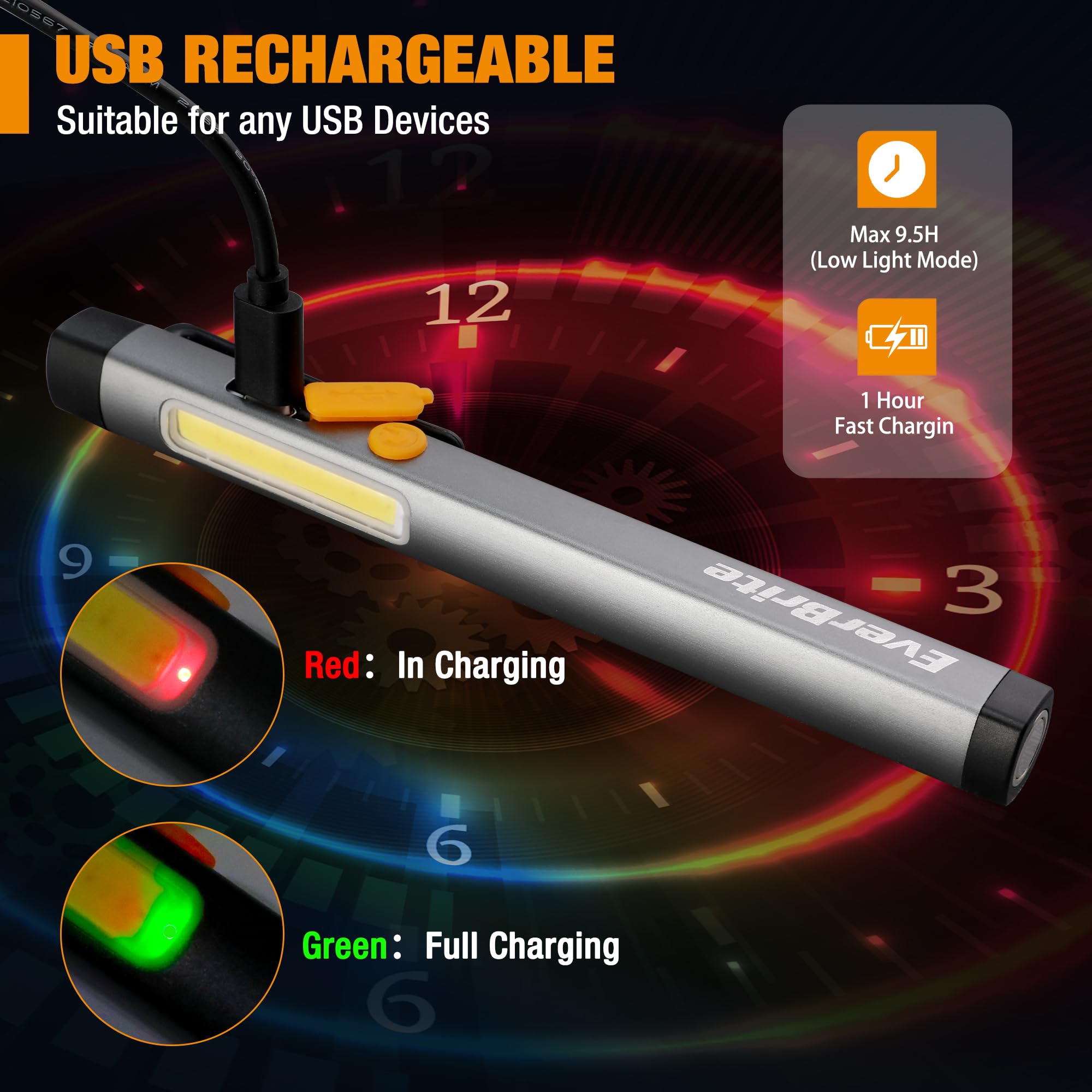 EverBrite Pen Flashlight, Rechargeable LED Pen Light, COB Light with White and Red Modes, Memory Function, USB C Cable, 6 Modes Pocket Penlight with Clip and Magnet, Waterproof, for Camping, Emergency - Image 4