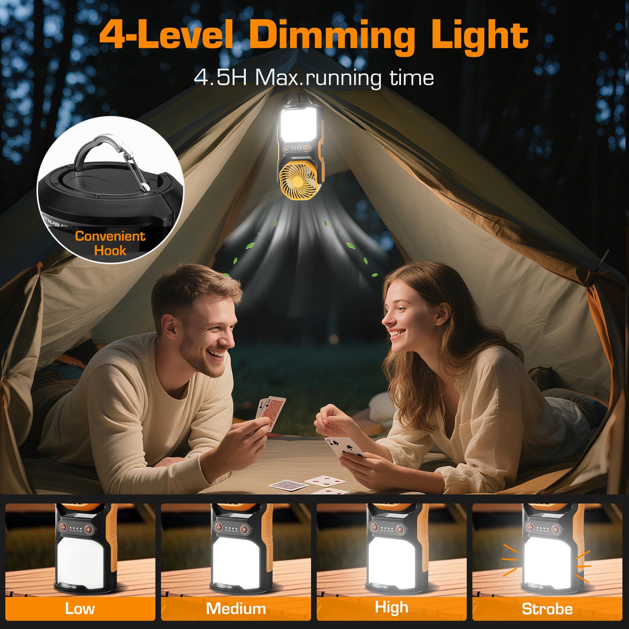 EverBrite Rechargeable Camping Lantern with Fan- 4400mAh Power Bank, Camping Fan with 3 Fan Speeds, Portable 1000LM Handheld Light with Hanging Hook for Summer Camping, Hiking, USB Cable Included - Image 3