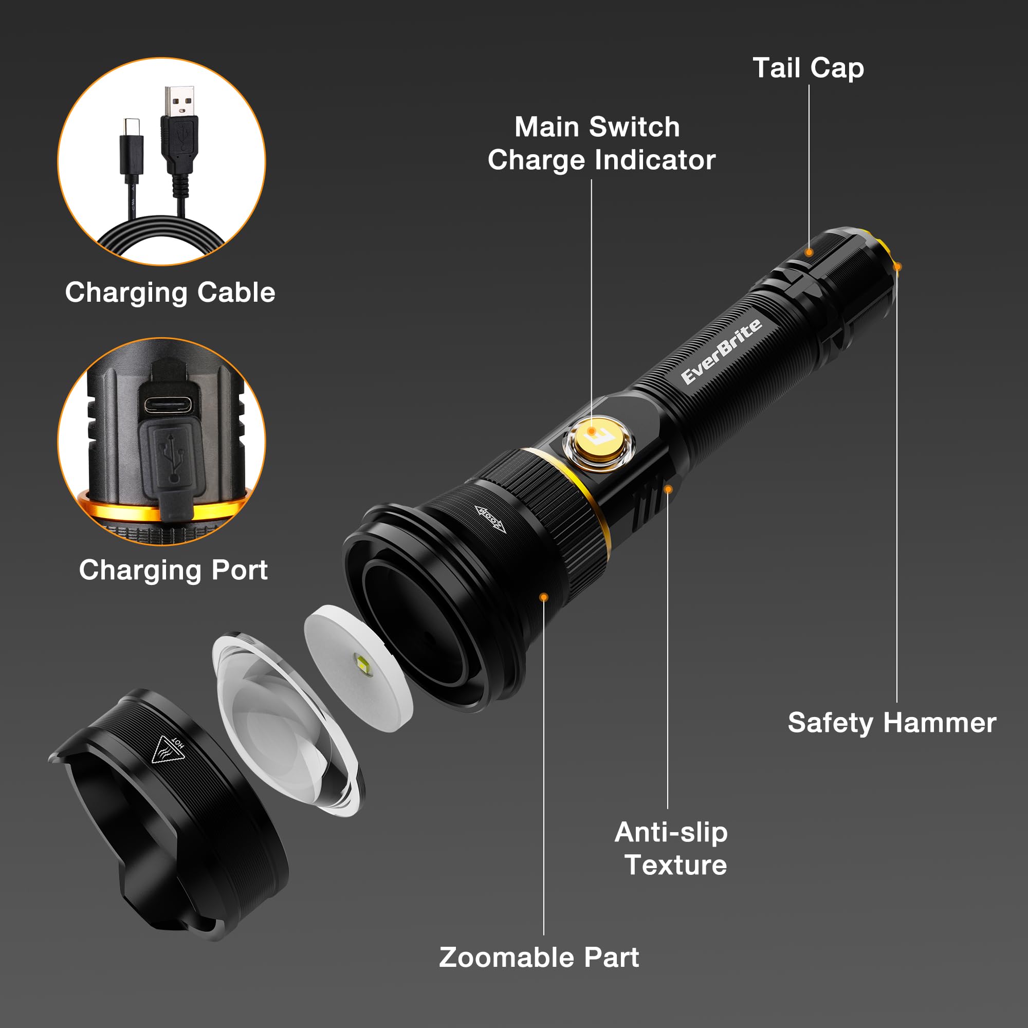 EverBrite Rechargeable Flashlight, 1000 Lumens Zoomable LED Tactical Flashlight with 4 Modes & Memory Function, Including Safety Hammer & USB C Cable for Camping, Hiking, Home, and Emergencies - Image 3