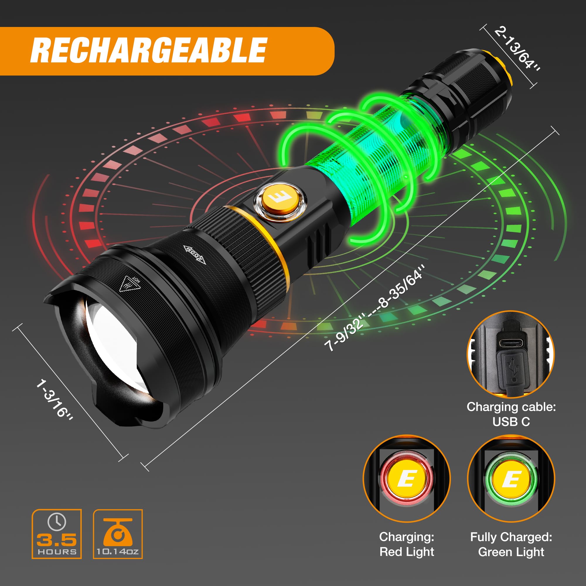 EverBrite Rechargeable Flashlight, 1000 Lumens Zoomable LED Tactical Flashlight with 4 Modes & Memory Function, Including Safety Hammer & USB C Cable for Camping, Hiking, Home, and Emergencies - Image 5