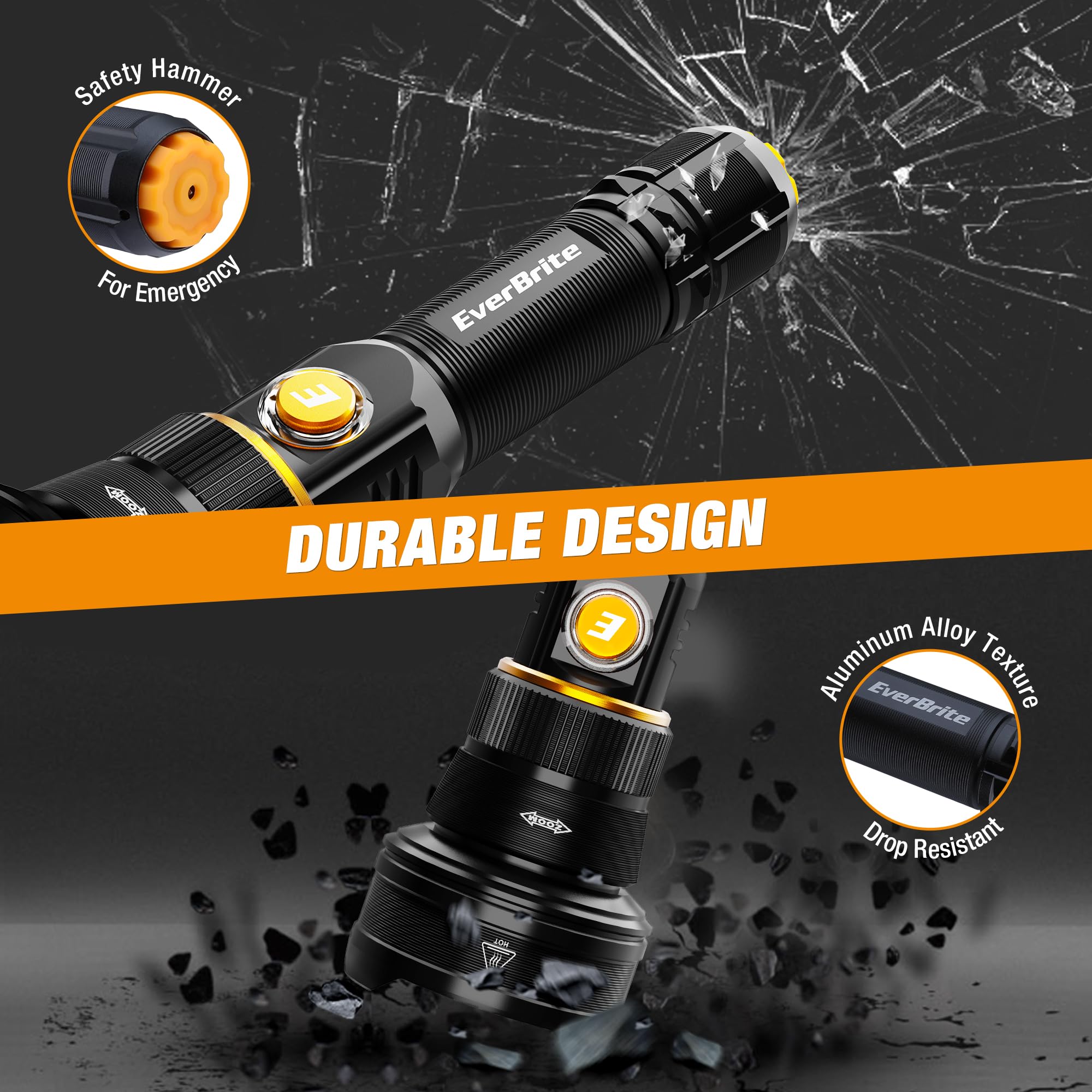 EverBrite Rechargeable Flashlight, 1000 Lumens Zoomable LED Tactical Flashlight with 4 Modes & Memory Function, Including Safety Hammer & USB C Cable for Camping, Hiking, Home, and Emergencies - Image 6