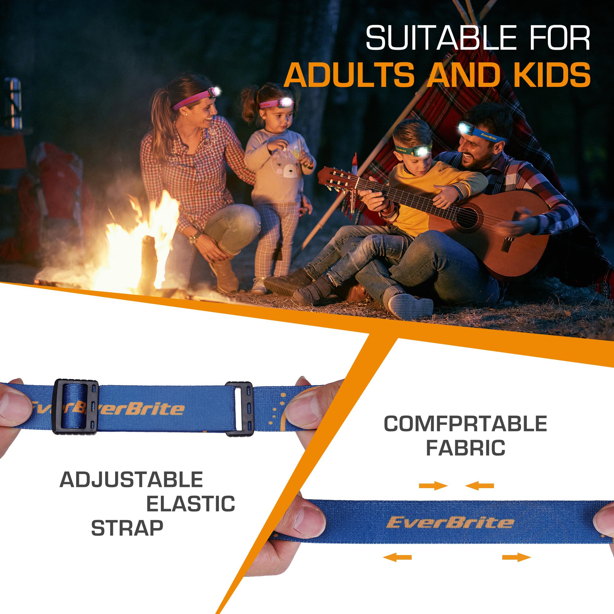 EverBrite Rechargeable Headlamp, 2 Pack Kids Headlamp with White/Red/Green Light and Memory Function, Head Lamp for Adult and Kid with 5 Modes, 120° Adjustable LED Headlamp for Camping, Running-Blue - Image 8