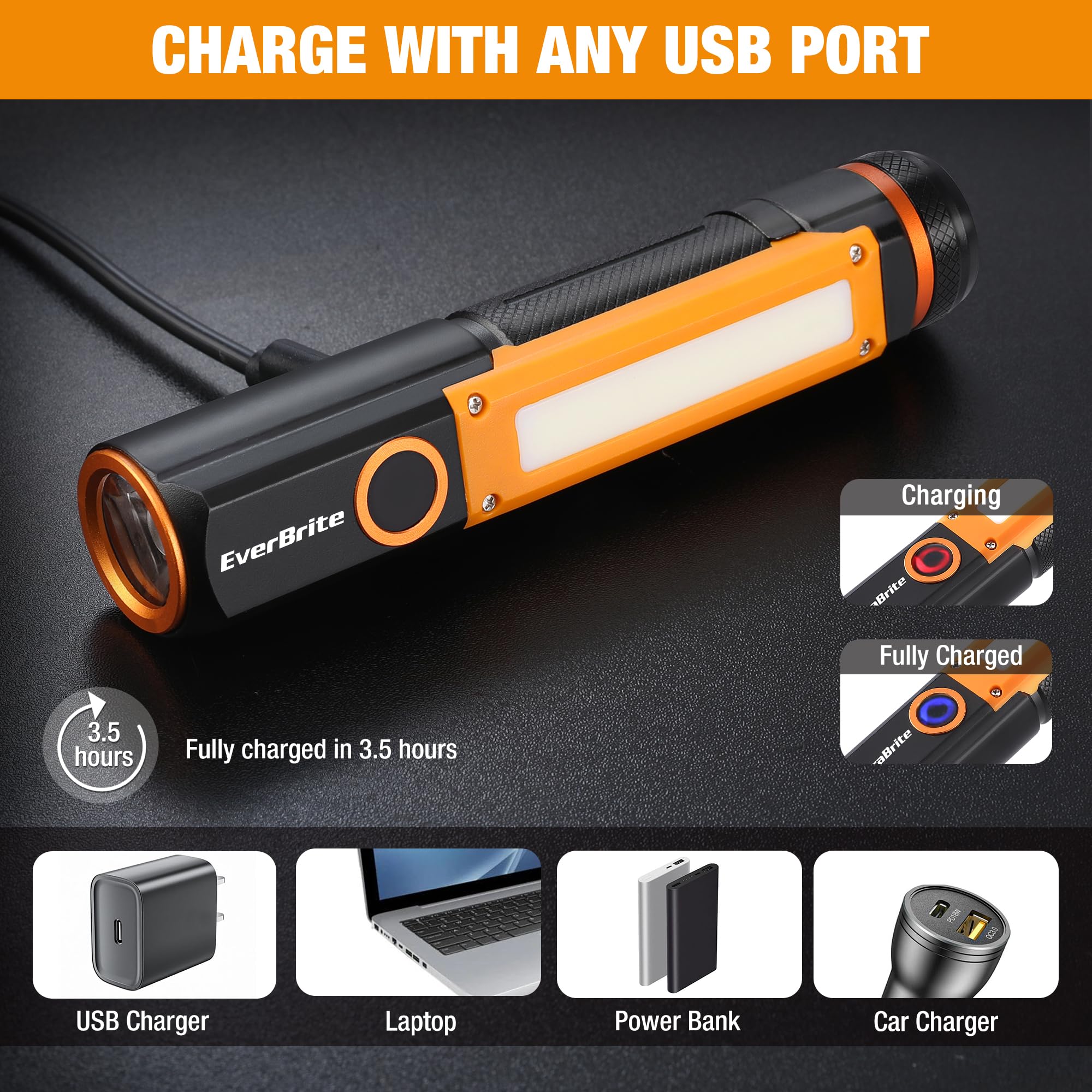 EverBrite Rechargeable LED Emergency Flashlight, 500 Lumens Pocket Flashlight, USB-C Cable, 7 Modes Handheld Flashlights with COB Sidelight, Magnetic Base, Pocket Clip, Light for Camping, Emergency - Image 3