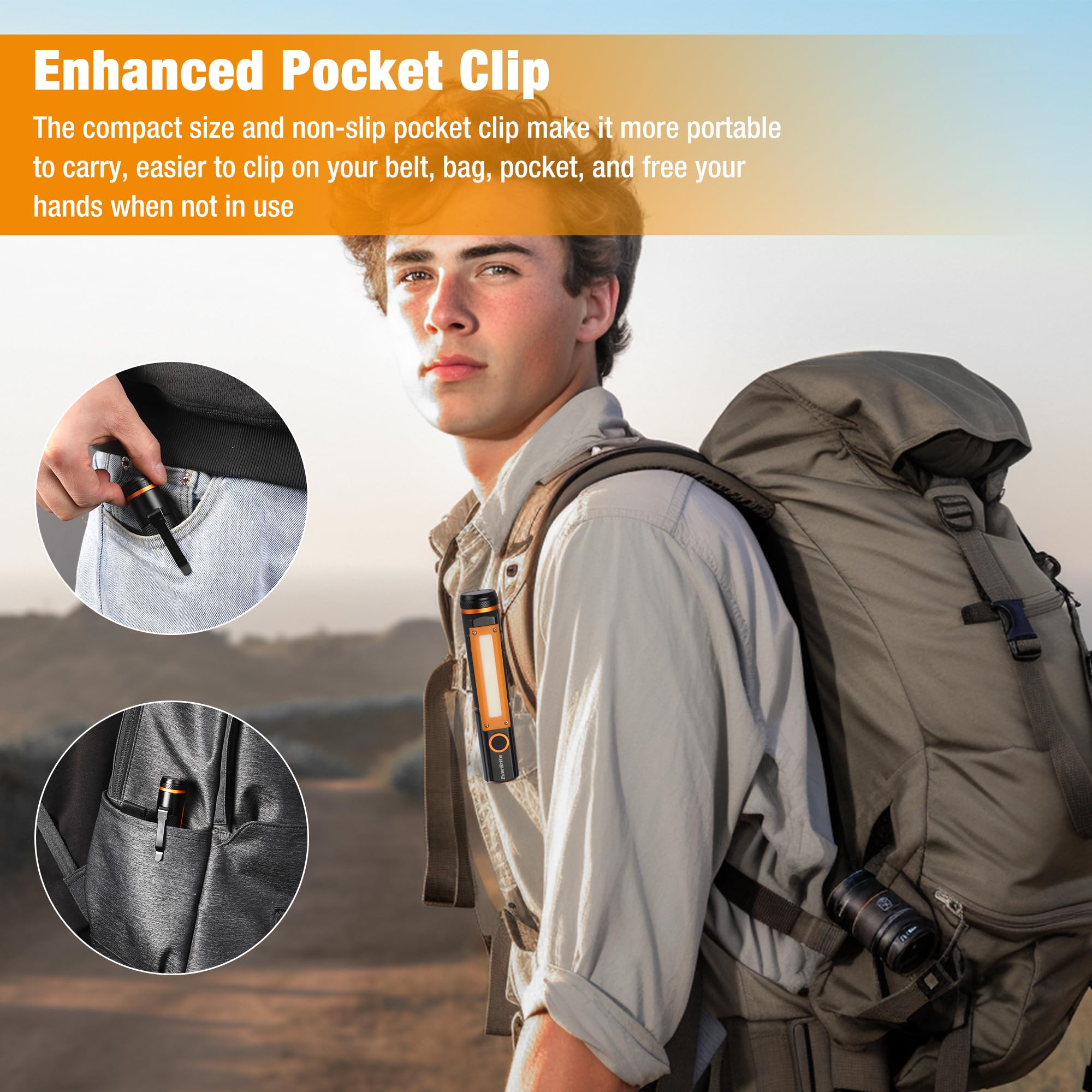 EverBrite Rechargeable LED Emergency Flashlight, 500 Lumens Pocket Flashlight, USB-C Cable, 7 Modes Handheld Flashlights with COB Sidelight, Magnetic Base, Pocket Clip, Light for Camping, Emergency - Image 6