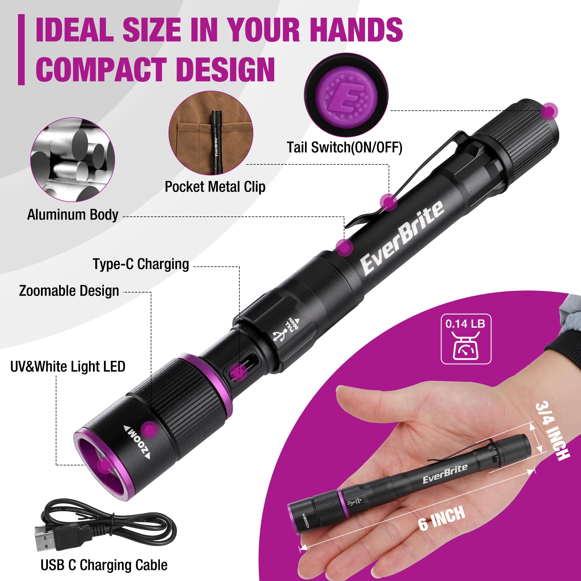 EverBrite Rechargeable Pen Flashlight with UV Light and White Light, 395nm Black Flashlight with Clip, Zoomable 4 Modes with Memory Function, USB C Cable, for Camping, Emergency, Pet Urine Detection - Image 3