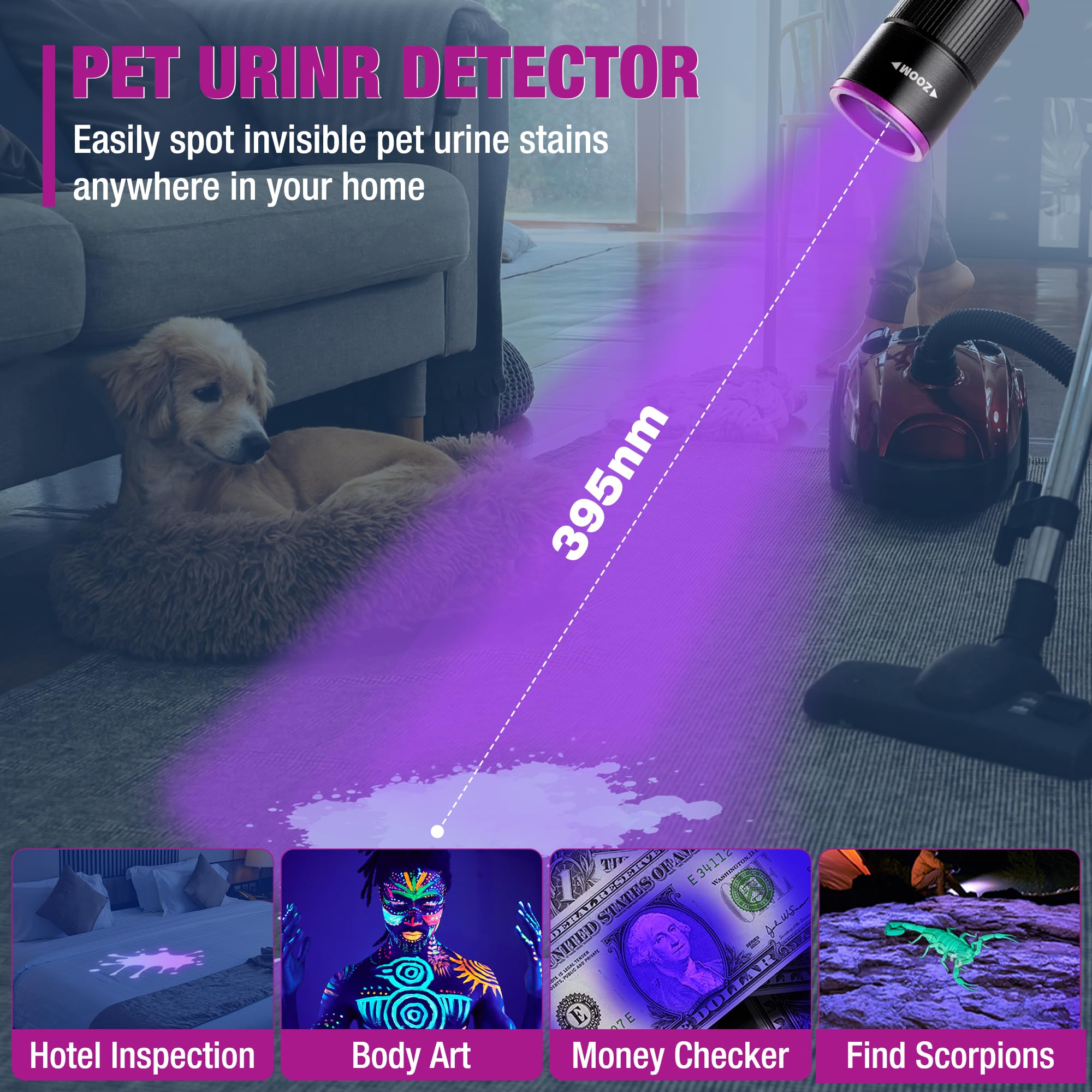 EverBrite Rechargeable Pen Flashlight with UV Light and White Light, 395nm Black Flashlight with Clip, Zoomable 4 Modes with Memory Function, USB C Cable, for Camping, Emergency, Pet Urine Detection - Image 6