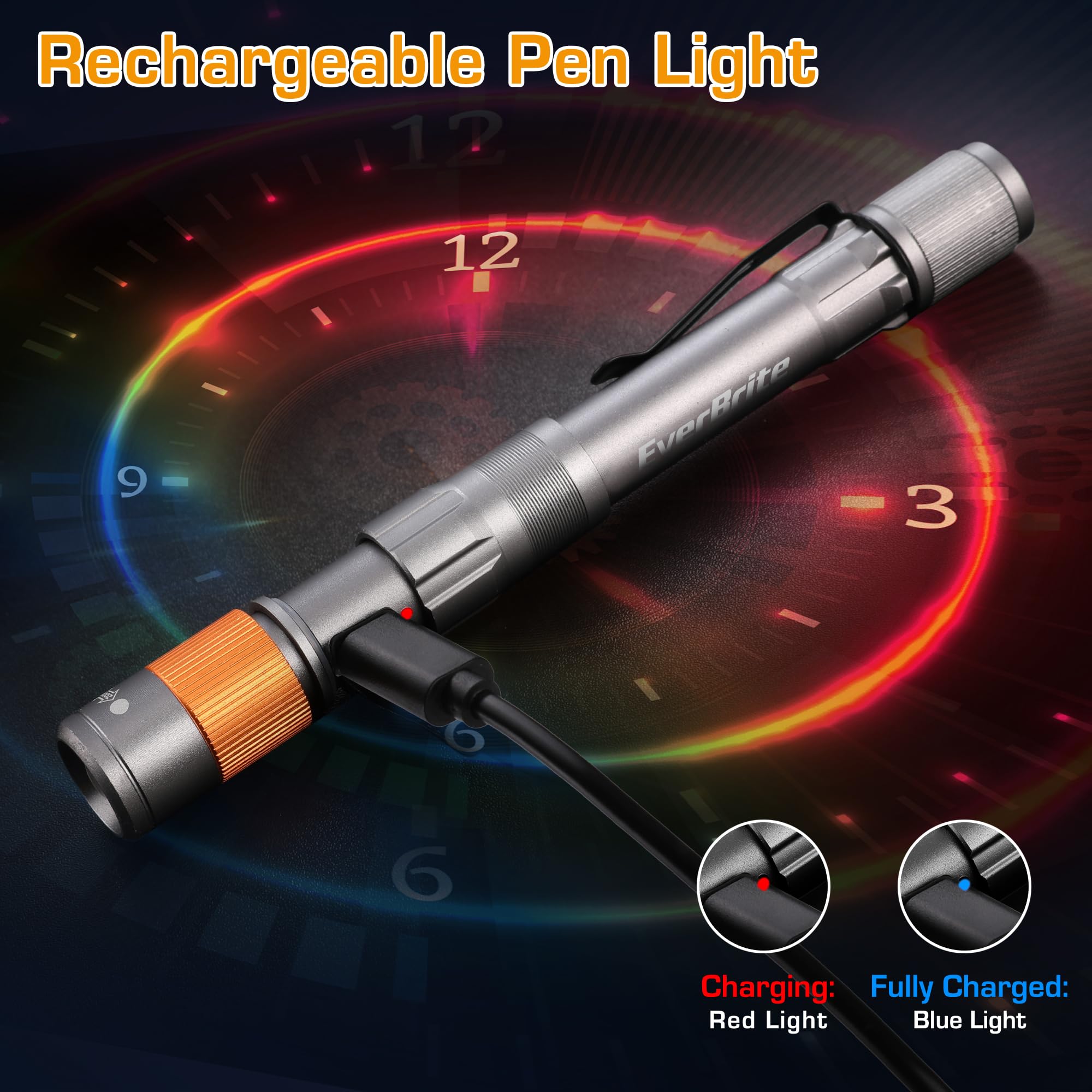 EverBrite Rechargeable Pen Light, 300 Lumens EDC Flashlight, Zoomable LED Pocket Flashlight with Clip, Memory Function and USB C Cable Included, for Camping, Emergency, Gray - Image 4