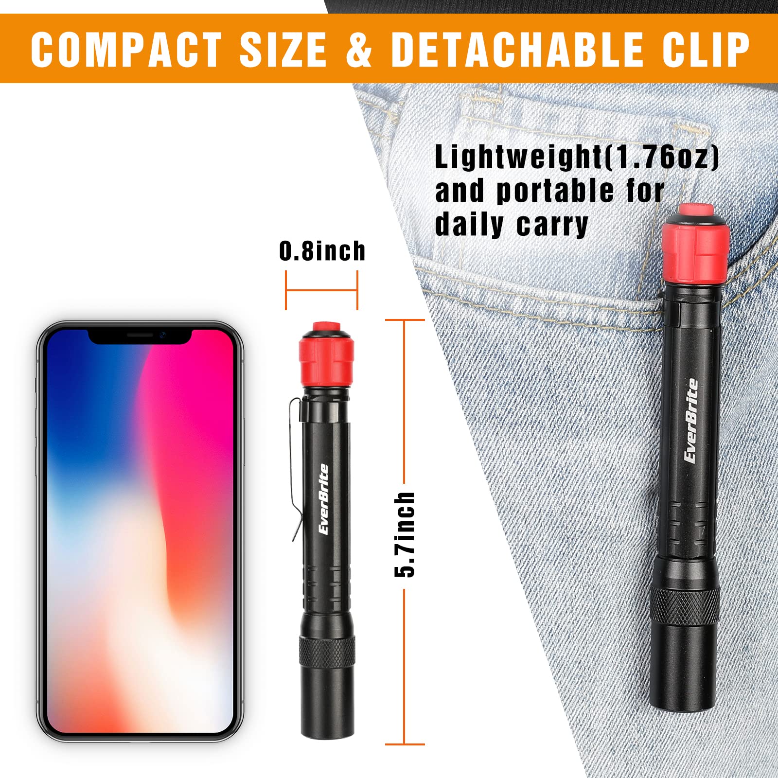 EverBrite Red Light Penlight Flashlight with 395nm UV Blacklight/White Light, Multi-Function LED Pocket Pen Light, AAA Batteries Included, for Night Vision, Pet Stain Detection, Camping, 2pack - Image 6