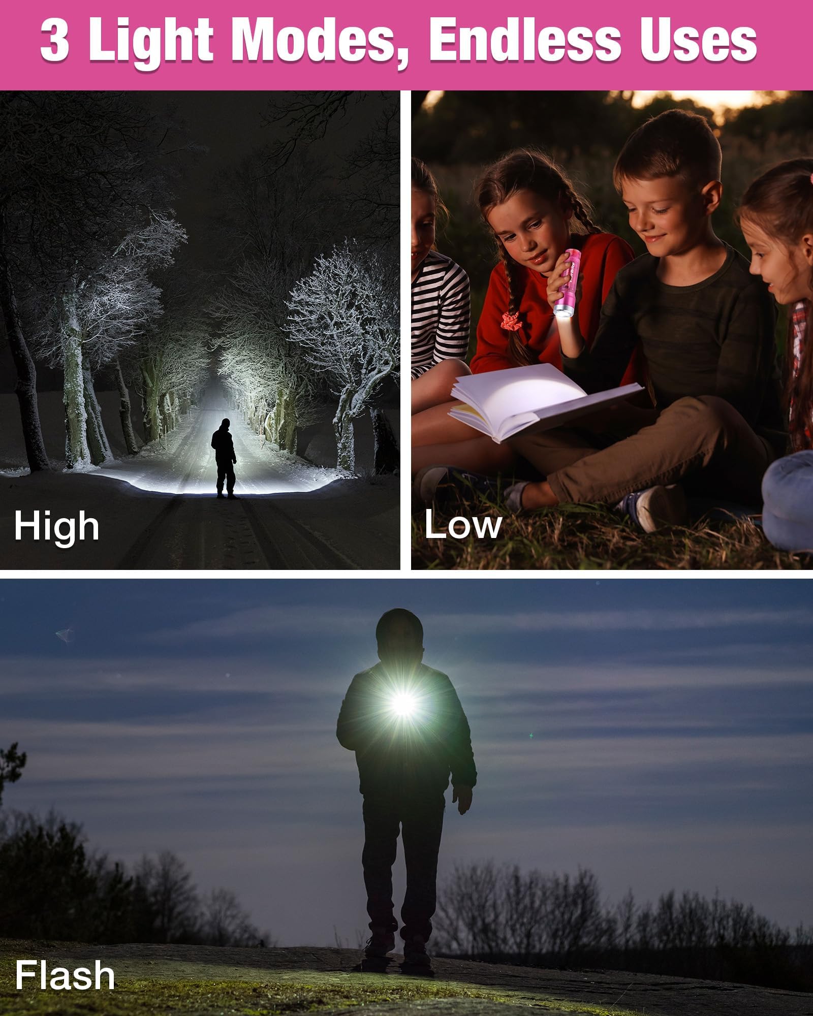 EverBrite Small Flashlight, Compact LED Flash Light with 3 Modes, 3 AAA Batteries Included, Water-Resistant Mini Flashlight for Home,Emergencies and Camping, Pink, 1 Pack - Image 5