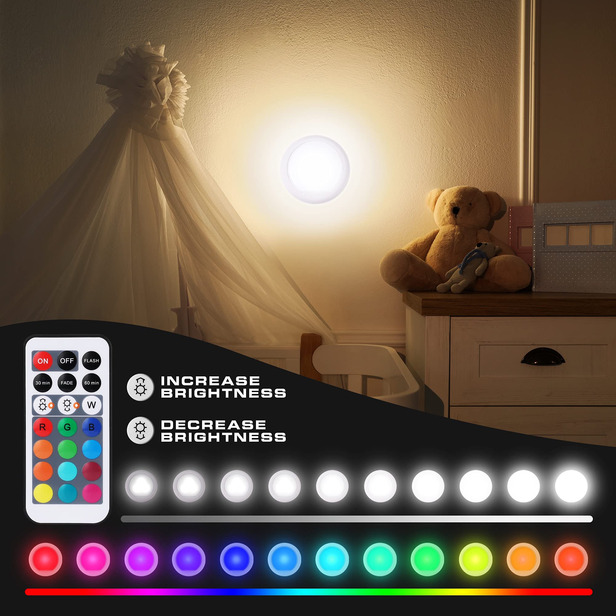 EverBrite Tap Light, Push Light, LED Puck Lights with 12 RGB Colors, Wireless Touch Light Under Cabinet, 80 Lumens Night Light for Closet, Bedroom, Wall, Classroom, 9 AAA Batteries Included, 3-Pack - Image 3