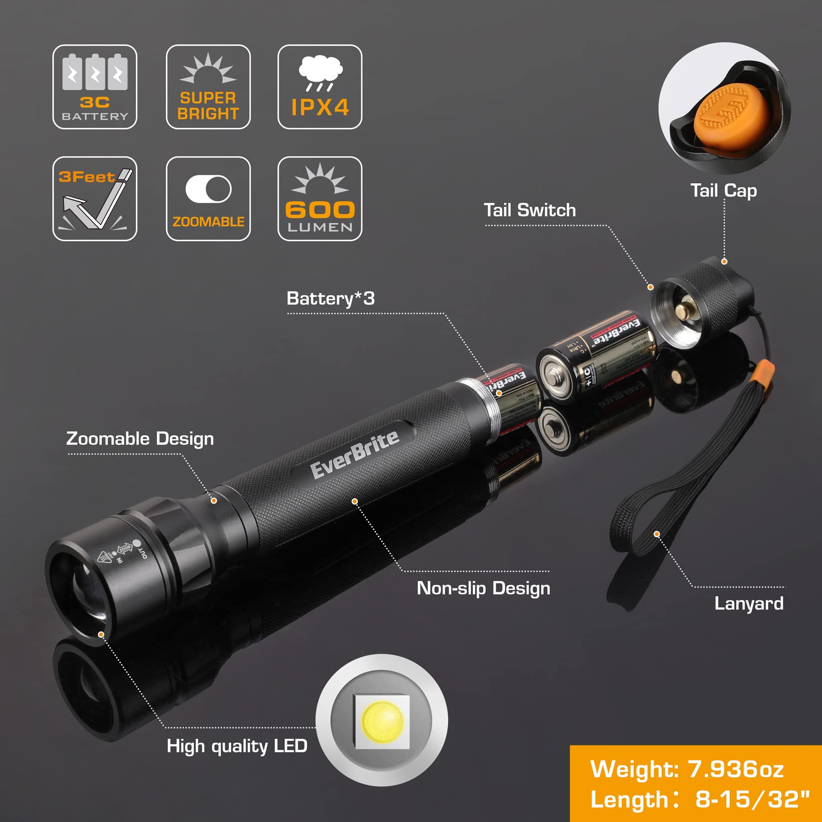 EverBrite Ultra Bright Tactical Flashlight, 600 Lumen Zoomable Adjustable Focus, 4 Light Modes, Heavy-Duty Aluminum Flashlight for Hurricane Supplies Camping, 3C Alkaline Batteries Included - Image 3