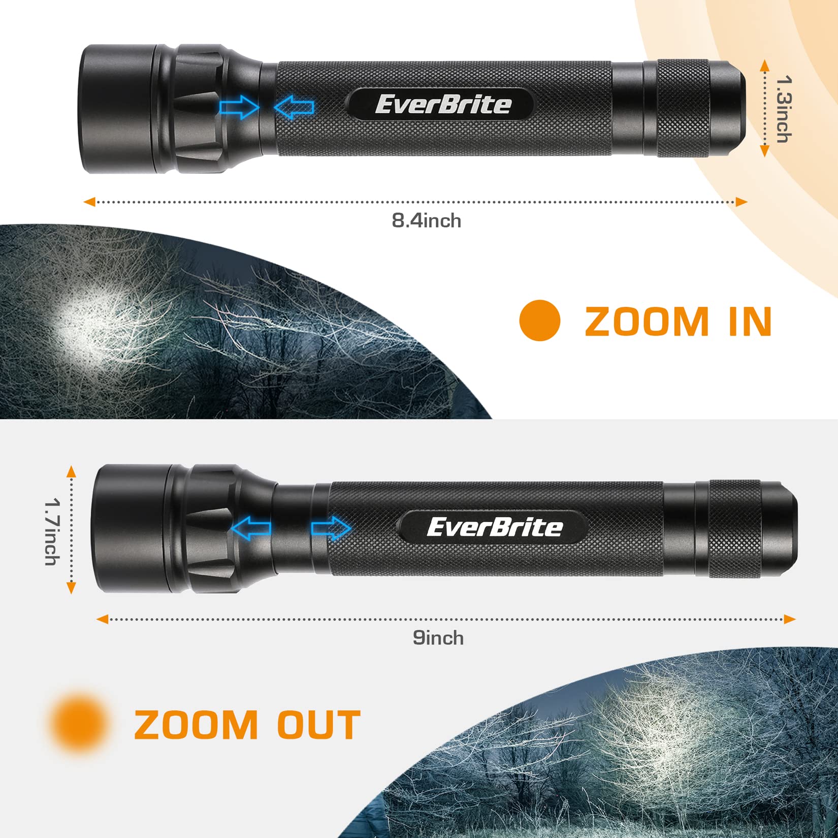 EverBrite Ultra Bright Tactical Flashlight, 600 Lumen Zoomable Adjustable Focus, 4 Light Modes, Heavy-Duty Aluminum Flashlight for Hurricane Supplies Camping, 3C Alkaline Batteries Included - Image 4