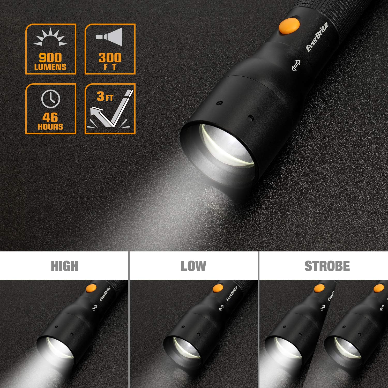 EverBrite Ultra Bright Tactical Flashlight, 900 Lumen Zoomable Adjustable Focus, 3 Light Modes, Heavy-Duty Aluminum Torch for Hurricane Supplies Camping, Includes 3C Alkaline Batteries - Image 5