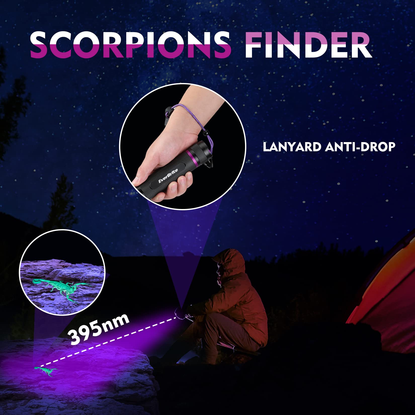 EverBrite UV Flashlight, 100 LED Blacklight Flashlights, 395nm Black Light Flashlight for Pet Urine Detection, Scorpions, Dry Stains, Bed Bug (Batteries Included) - Image 3